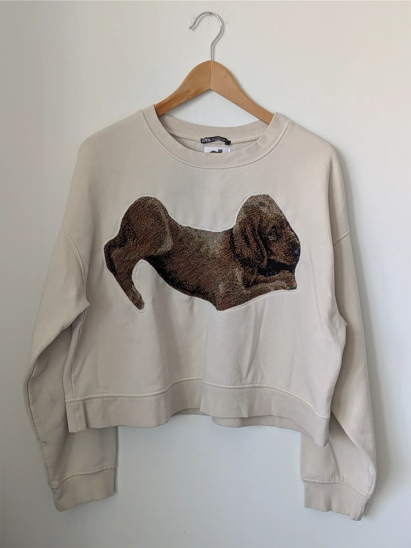 Cream White Upcycled Sweatshirt - Puppies (Size L, Cropped Fit)