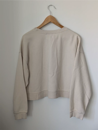 Cream White Upcycled Sweatshirt - Puppies (Size L, Cropped Fit)