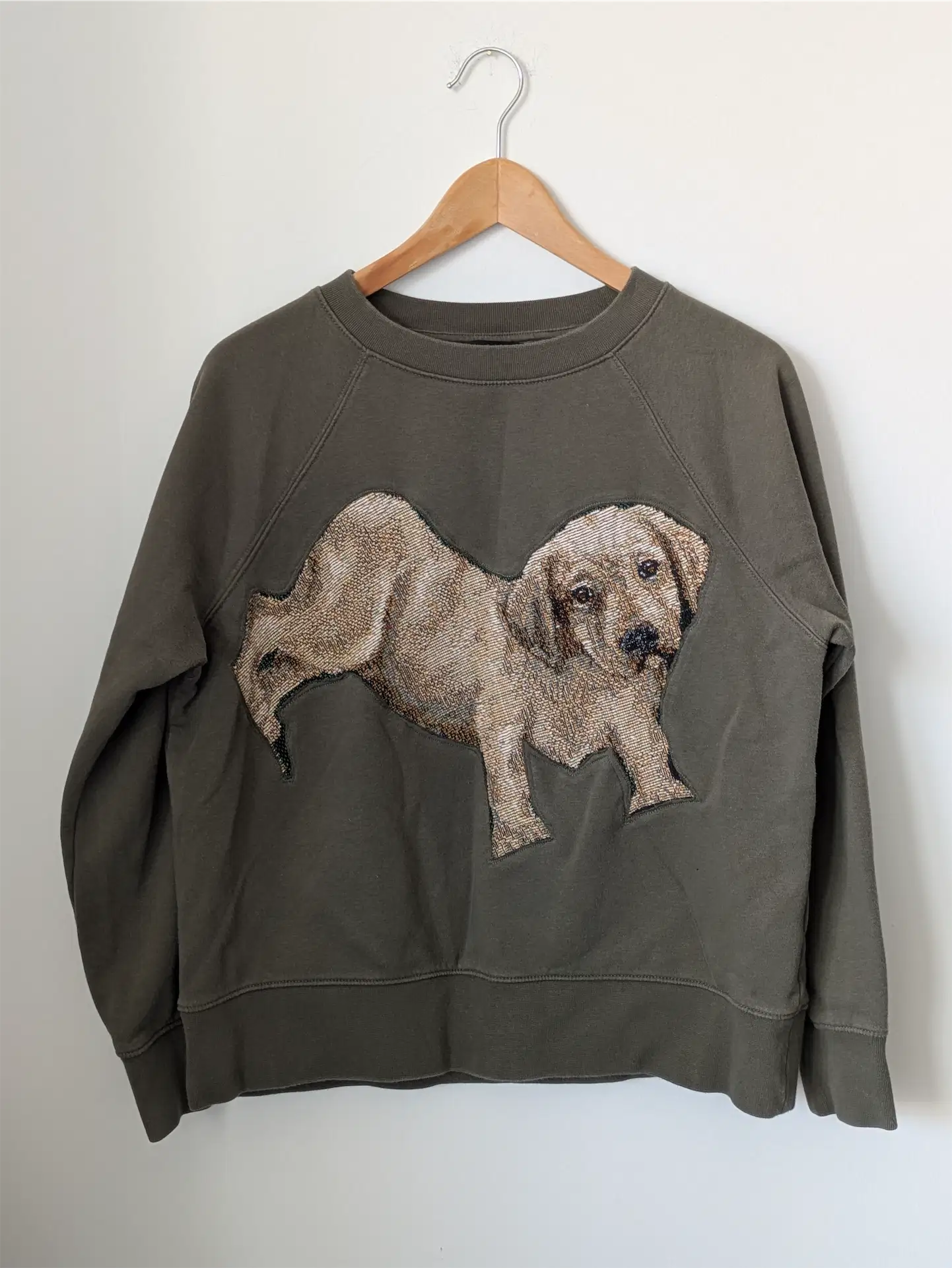 Moss Green Upcycled Sweatshirt - Puppies (Size M)