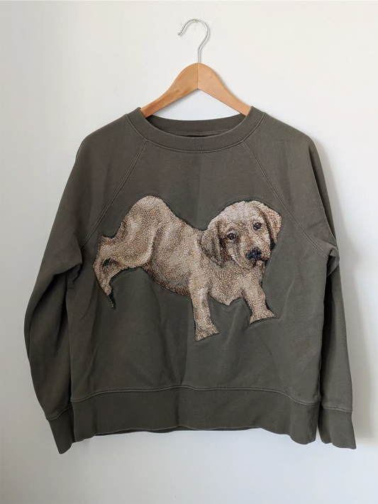 Moss Green Upcycled Sweatshirt - Puppies (Size M)