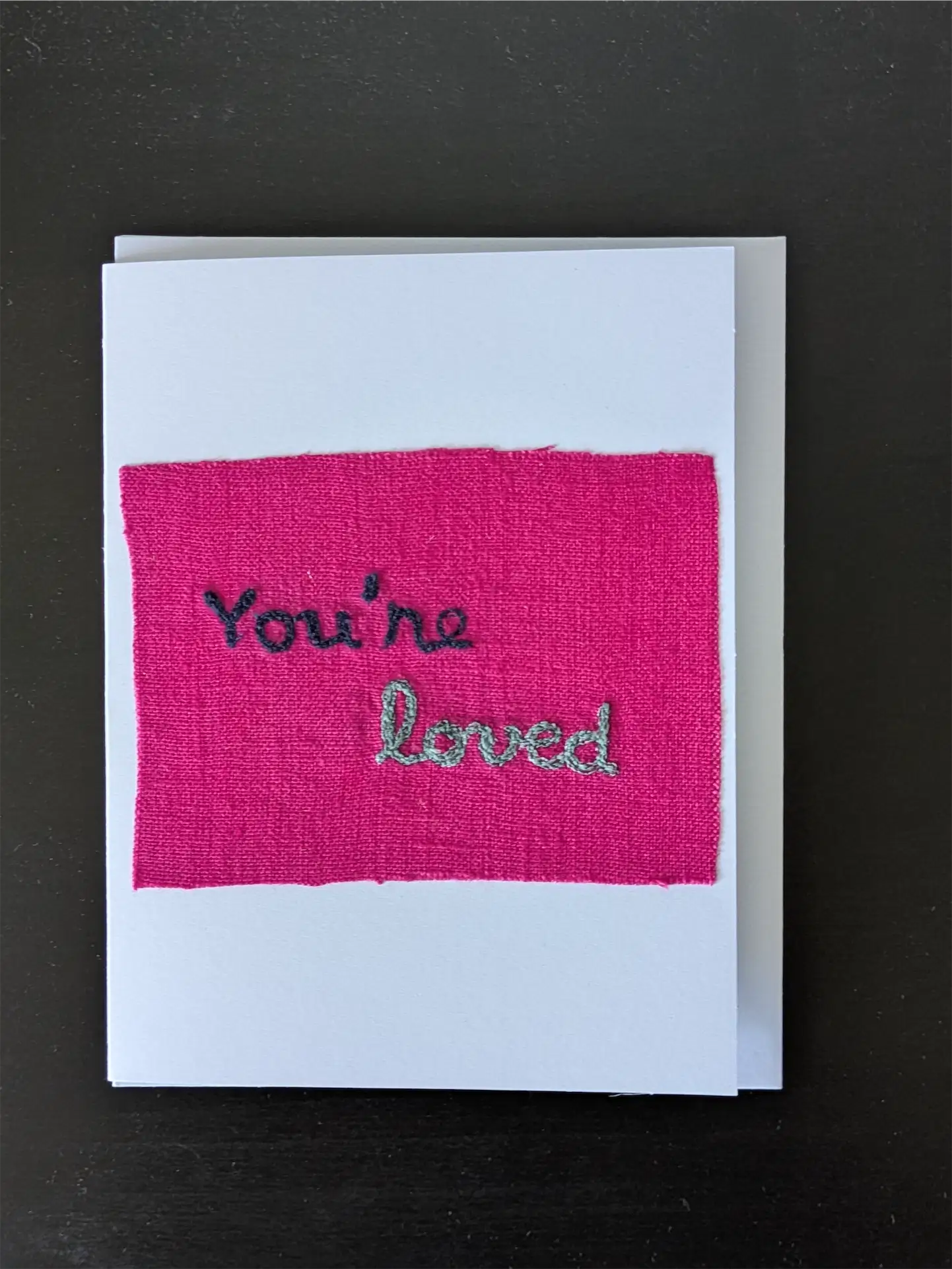 Handmade Embroidered Blank Card - Pink Cotton, "You're loved"
