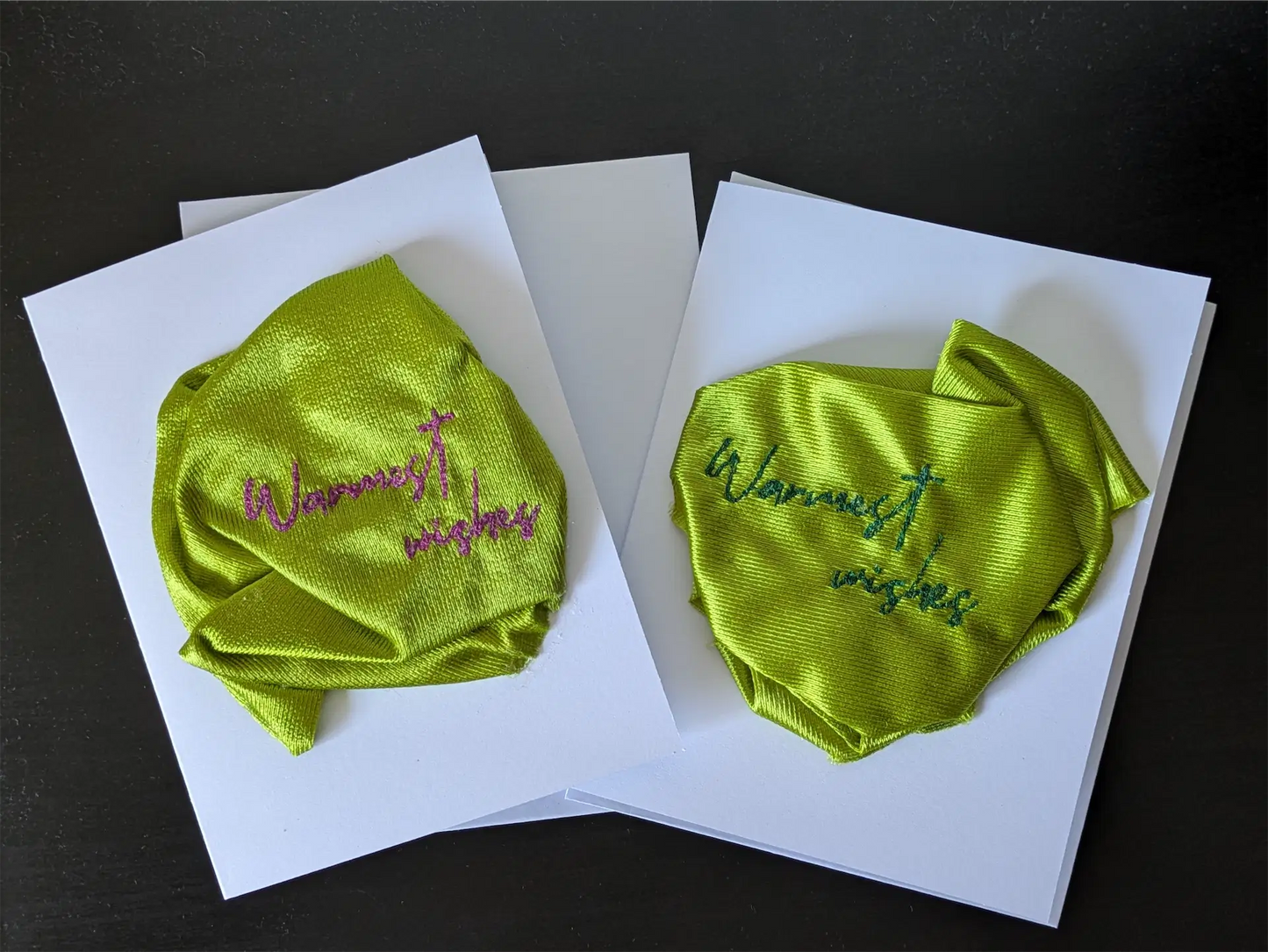 Handmade Embroidered Blank Card - Green, "Warmest Wishes"