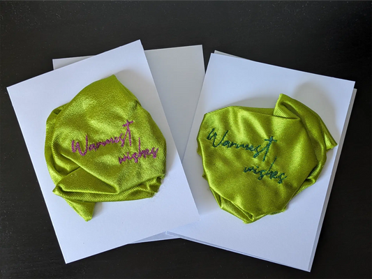 Handmade Embroidered Blank Card - Green, "Warmest Wishes"