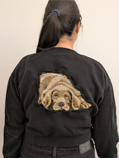 Black Upcycled Sweatshirt - Puppies (Size M, Cropped Fit)