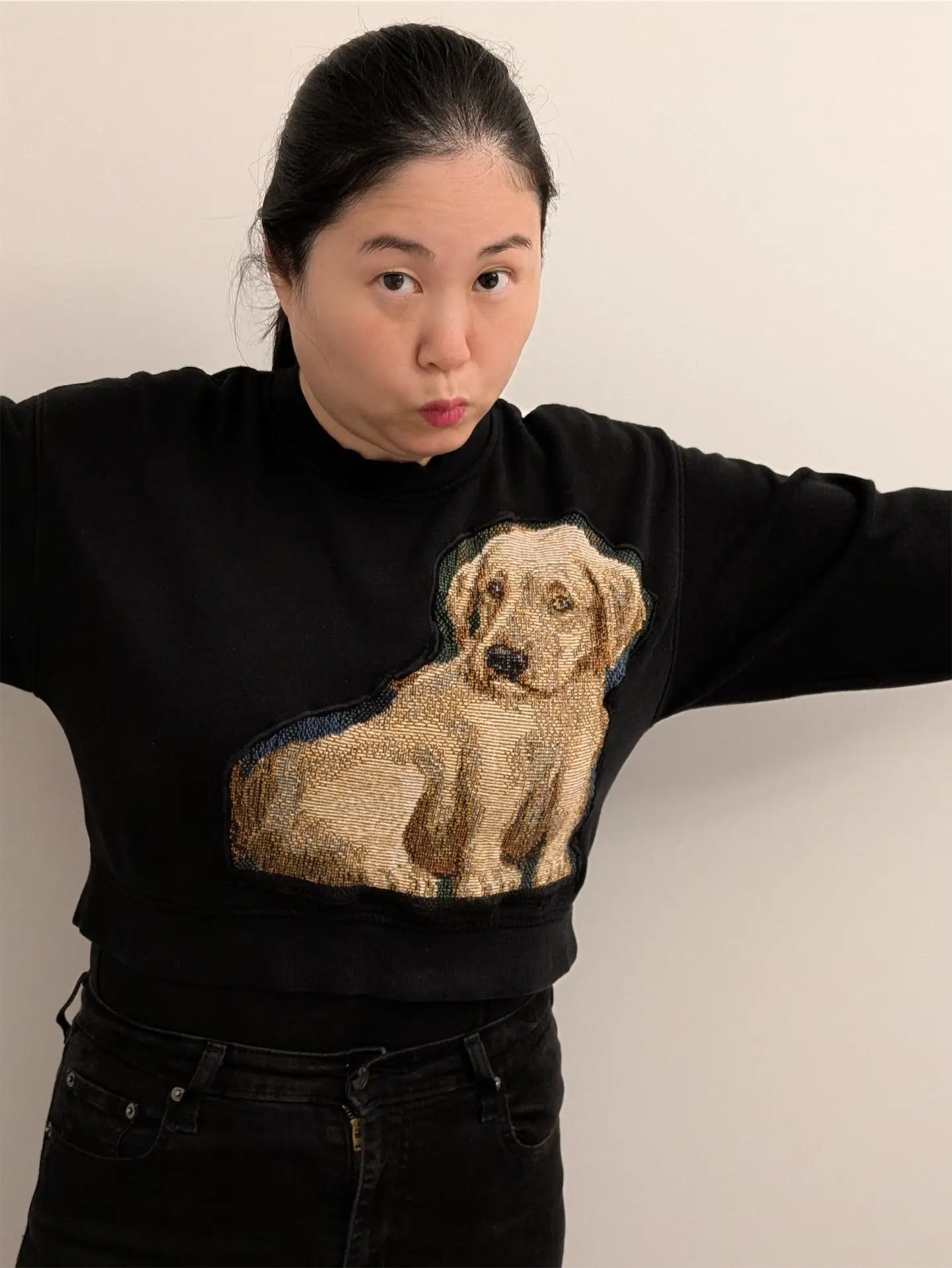 Black Upcycled Sweatshirt - Puppies (Size M, Cropped Fit)