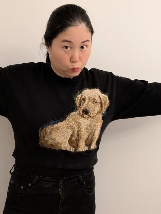 Black Upcycled Sweatshirt - Puppies (Size M, Cropped Fit)