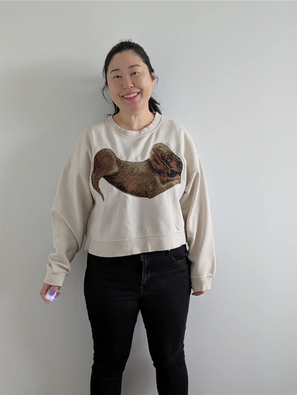 Cream White Upcycled Sweatshirt - Puppies (Size L, Cropped Fit)