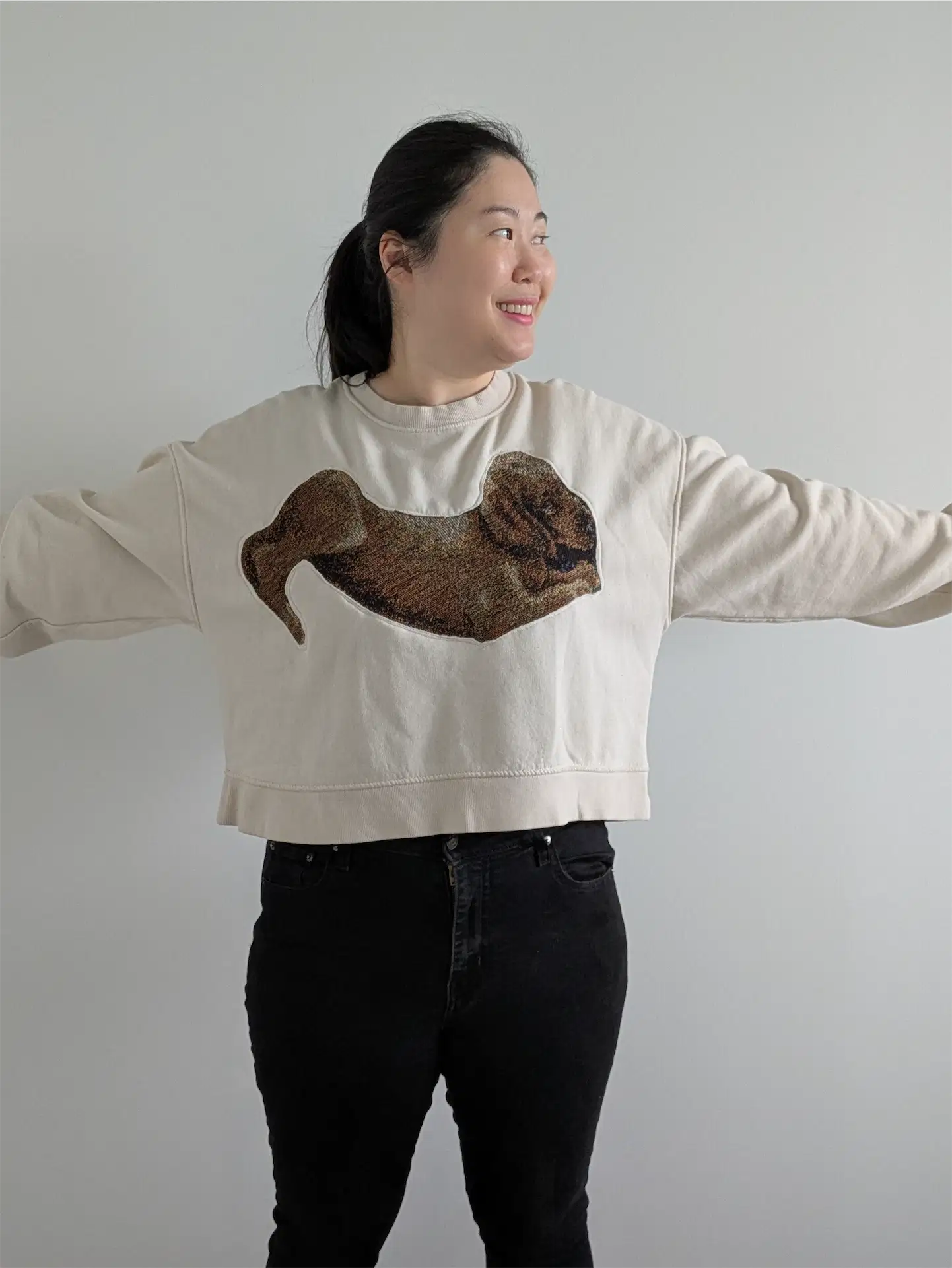 Cream White Upcycled Sweatshirt - Puppies (Size L, Cropped Fit)
