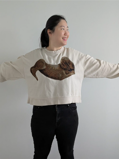 Cream White Upcycled Sweatshirt - Puppies (Size L, Cropped Fit)