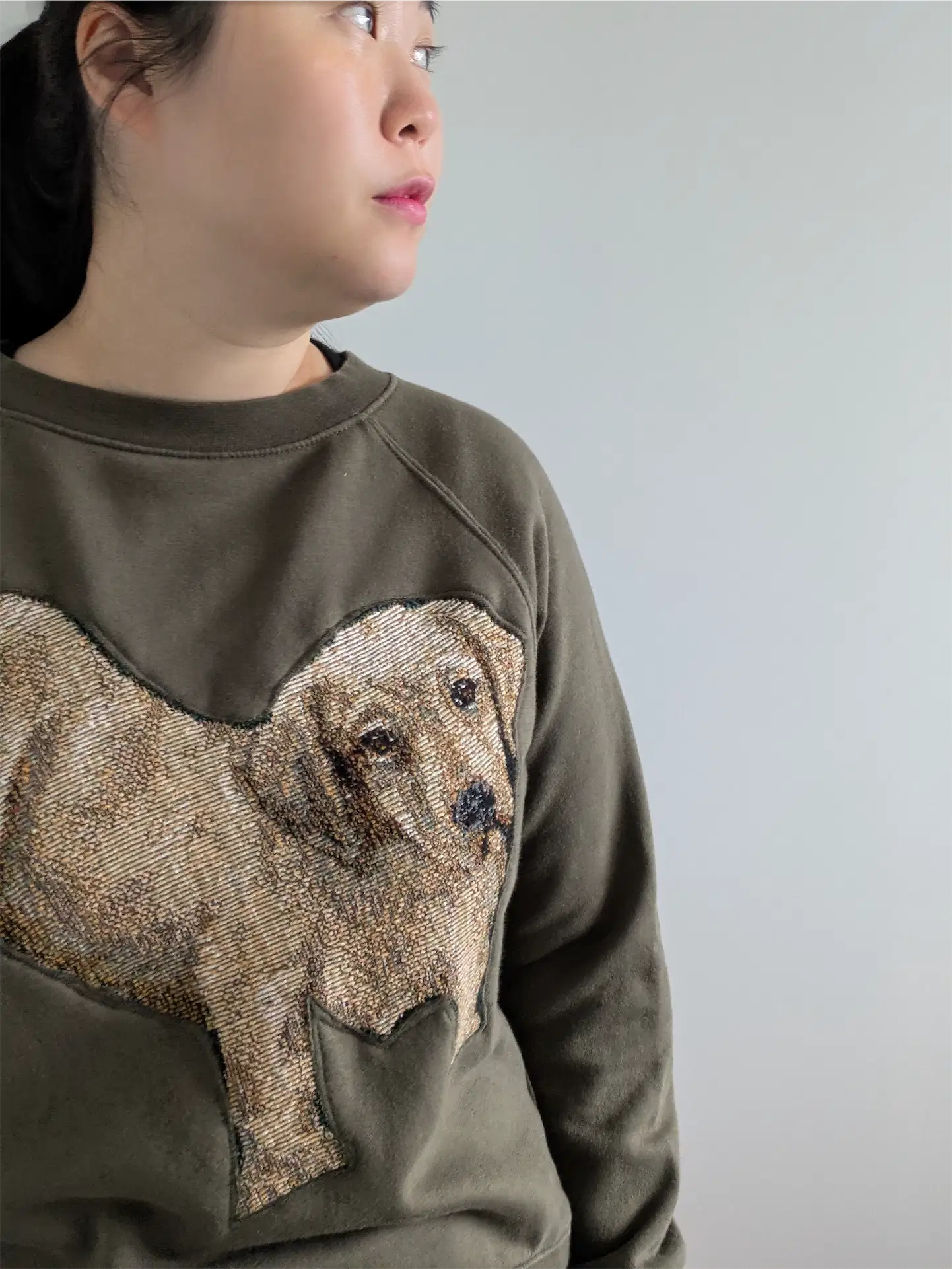 Moss Green Upcycled Sweatshirt - Puppies (Size M)