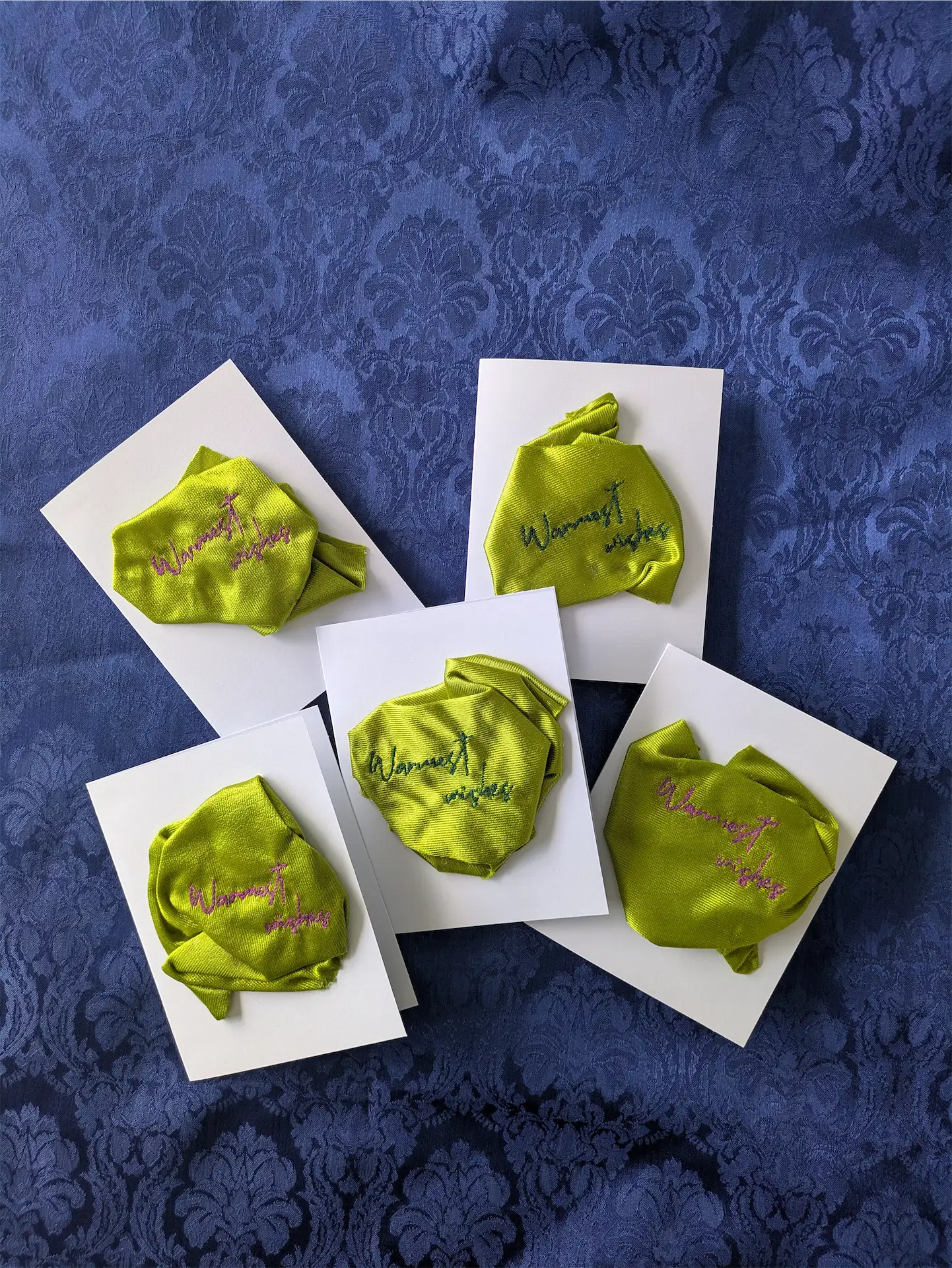 Handmade Embroidered Blank Card - Green, "Warmest Wishes"