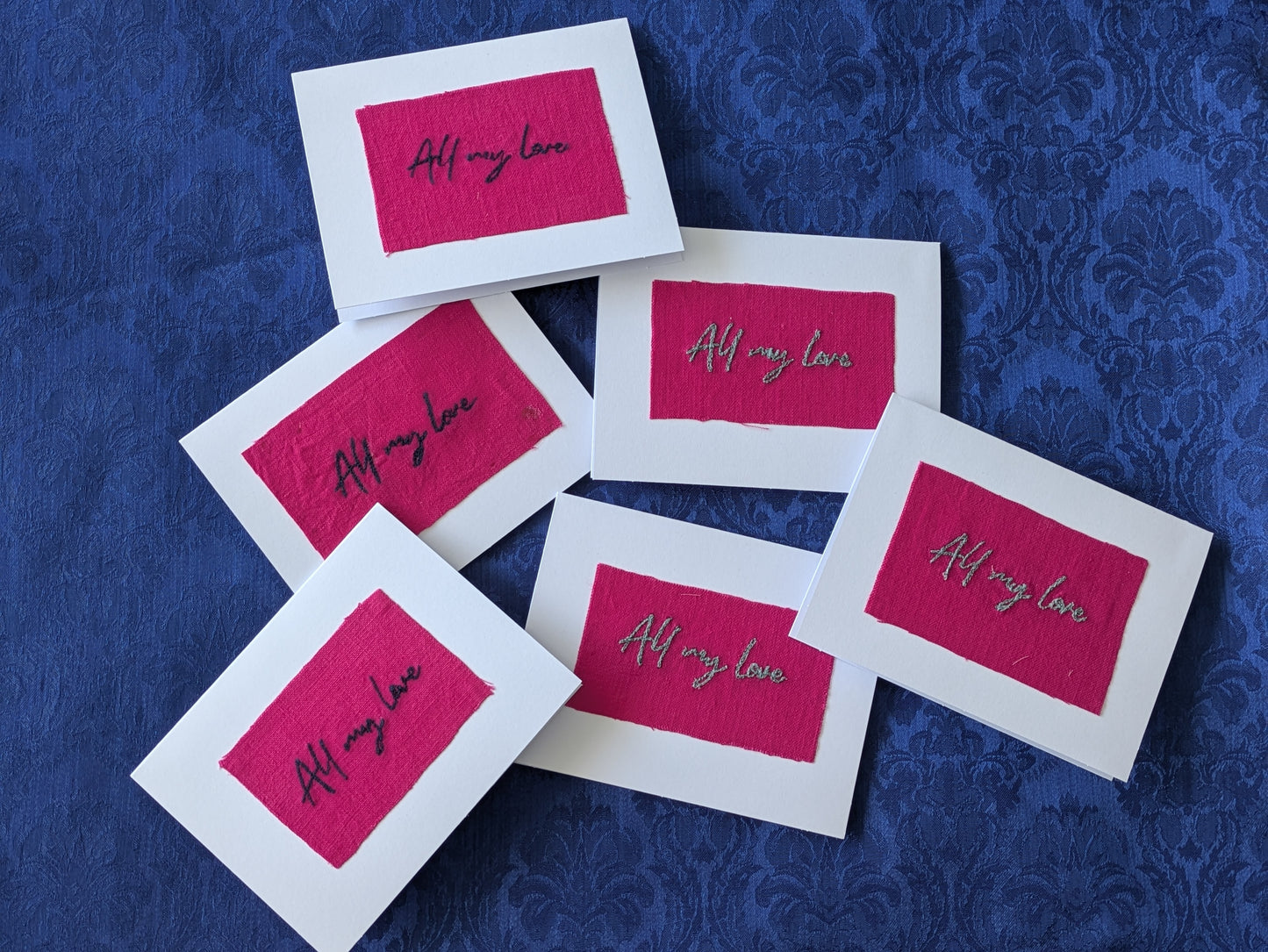 Handmade Embroidered Blank Card - Pink Cotton, "All my love"