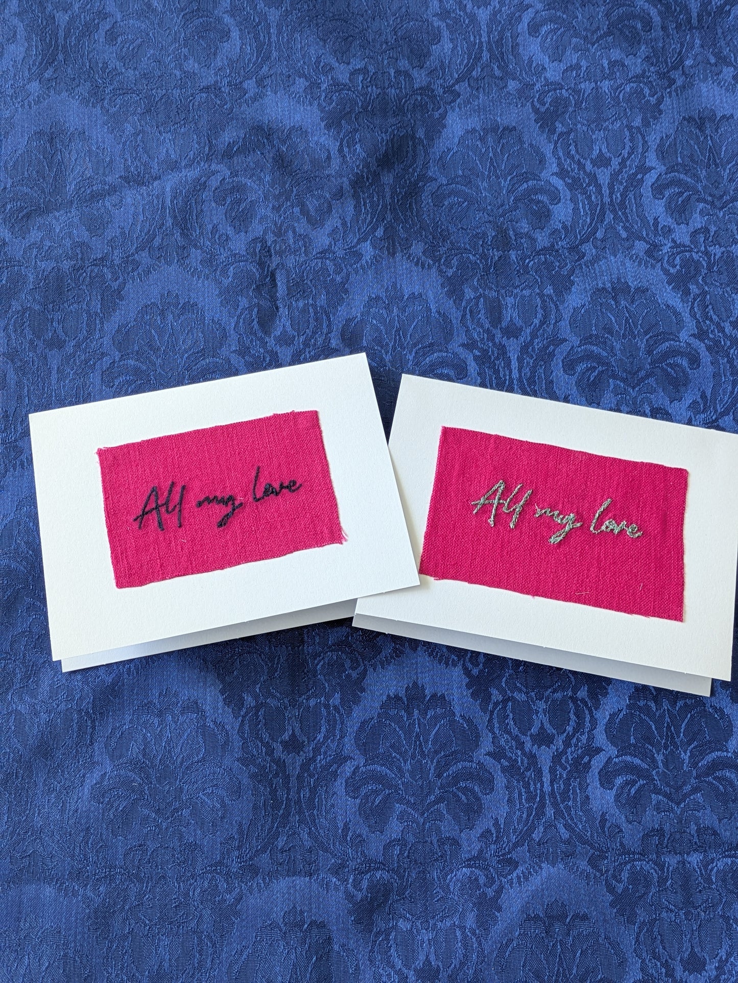 Handmade Embroidered Blank Card - Pink Cotton, "All my love"