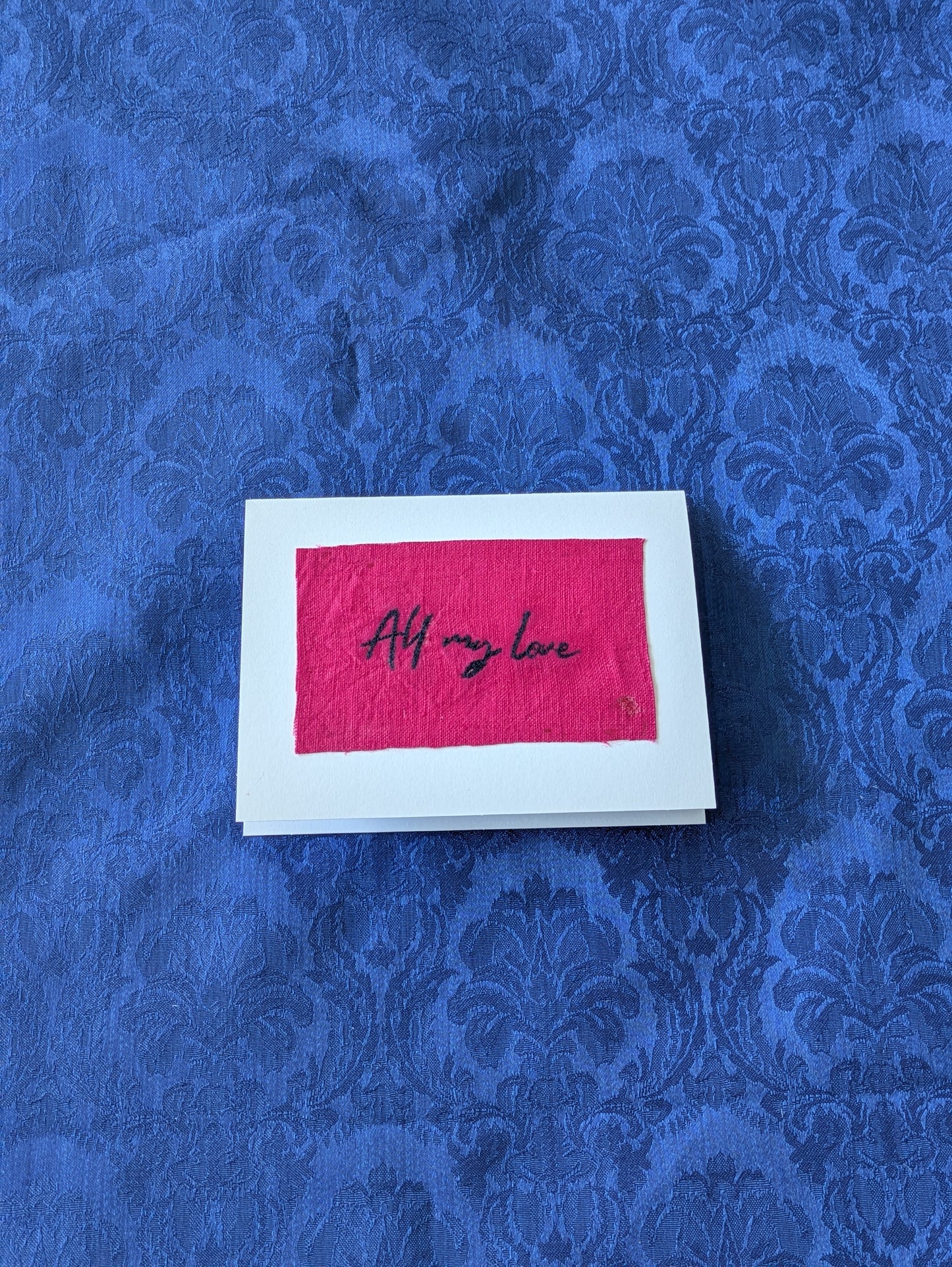 Handmade Embroidered Blank Card - Pink Cotton, "All my love"