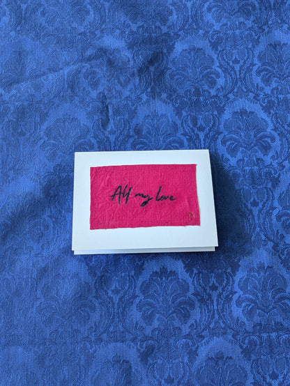 Handmade Embroidered Blank Card - Pink Cotton, "All my love"