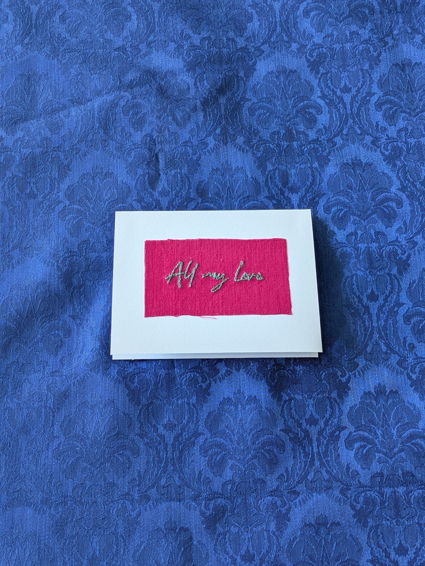 Handmade Embroidered Blank Card - Pink Cotton, "All my love"