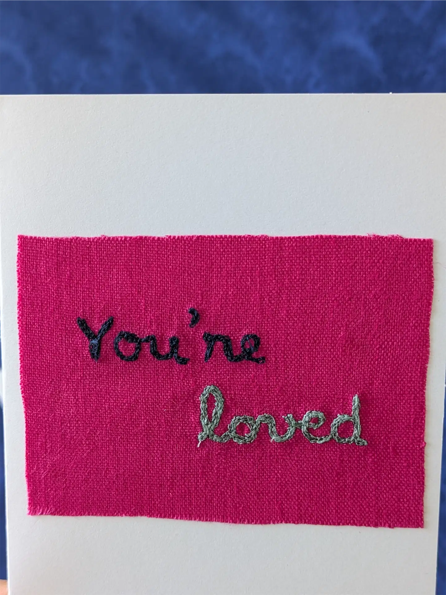 Handmade Embroidered Blank Card - Pink Cotton, "You're loved"