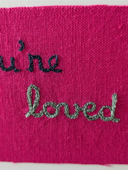 Handmade Embroidered Blank Card - Pink Cotton, "You're loved"