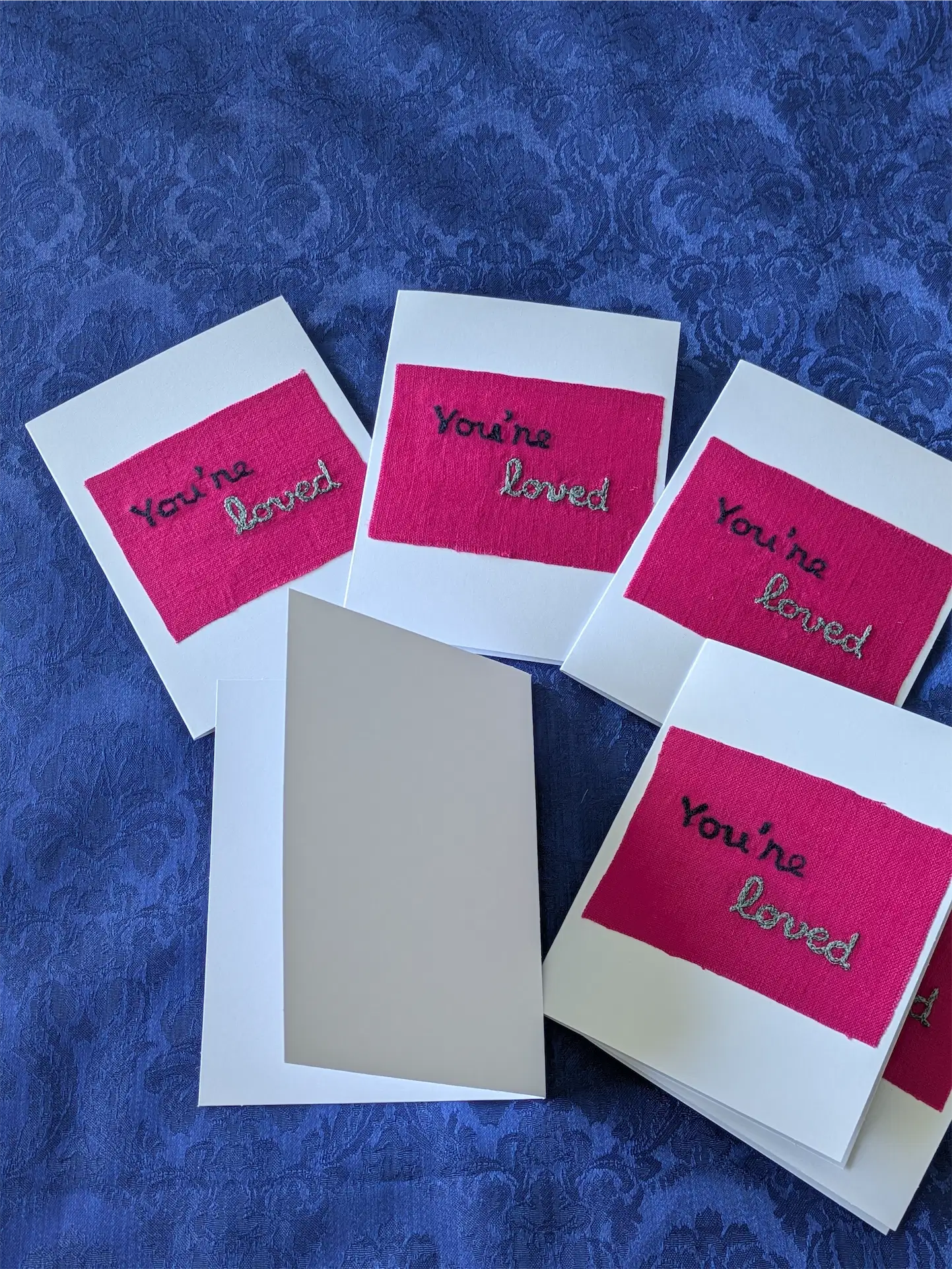 Handmade Embroidered Blank Card - Pink Cotton, "You're loved"