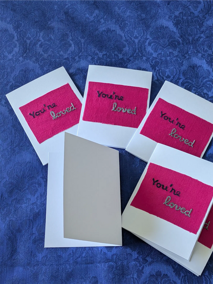 Handmade Embroidered Blank Card - Pink Cotton, "You're loved"