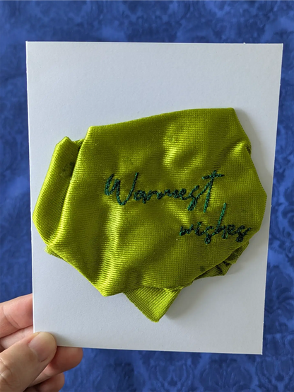 Handmade Embroidered Blank Card - Green, "Warmest Wishes"