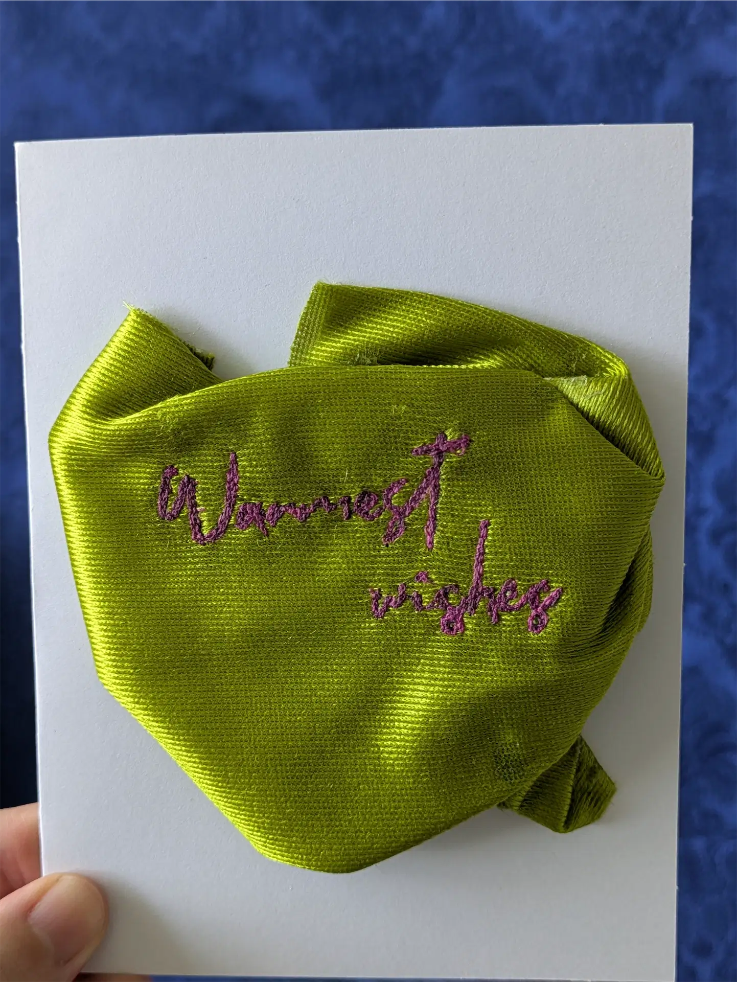 Handmade Embroidered Blank Card - Green, "Warmest Wishes"