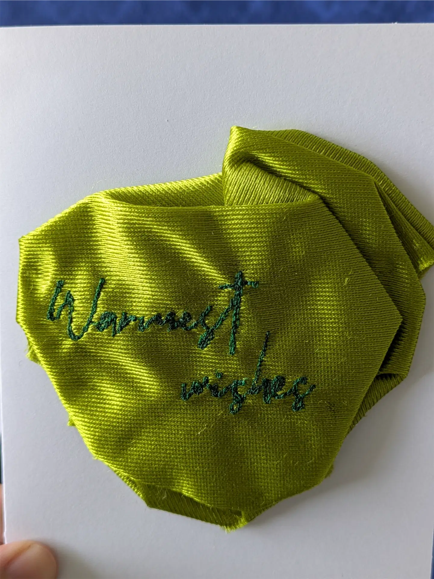 Handmade Embroidered Blank Card - Green, "Warmest Wishes"