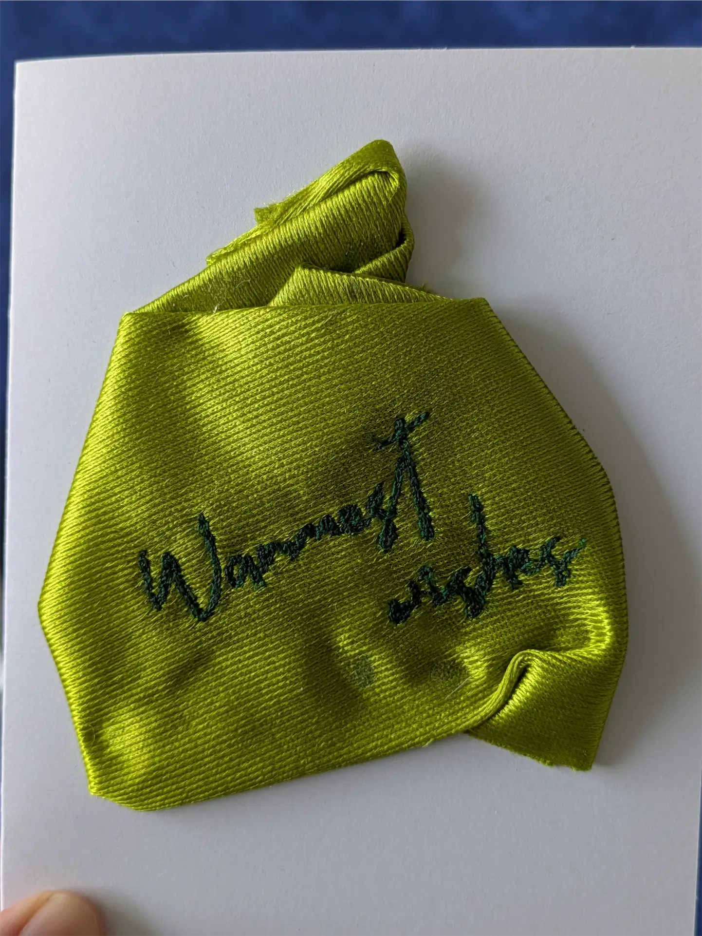 Handmade Embroidered Blank Card - Green, "Warmest Wishes"