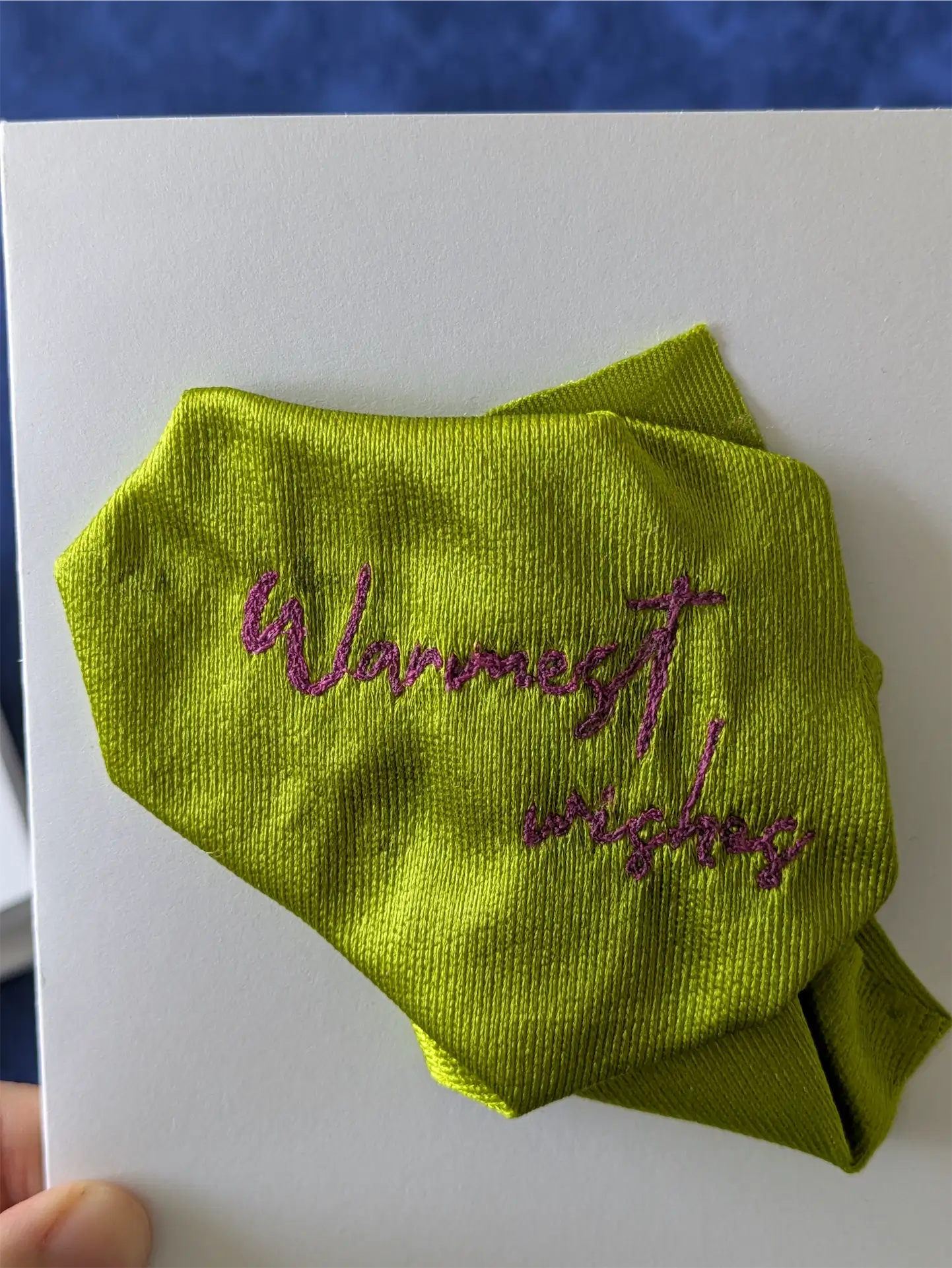 Handmade Embroidered Blank Card - Green, "Warmest Wishes"