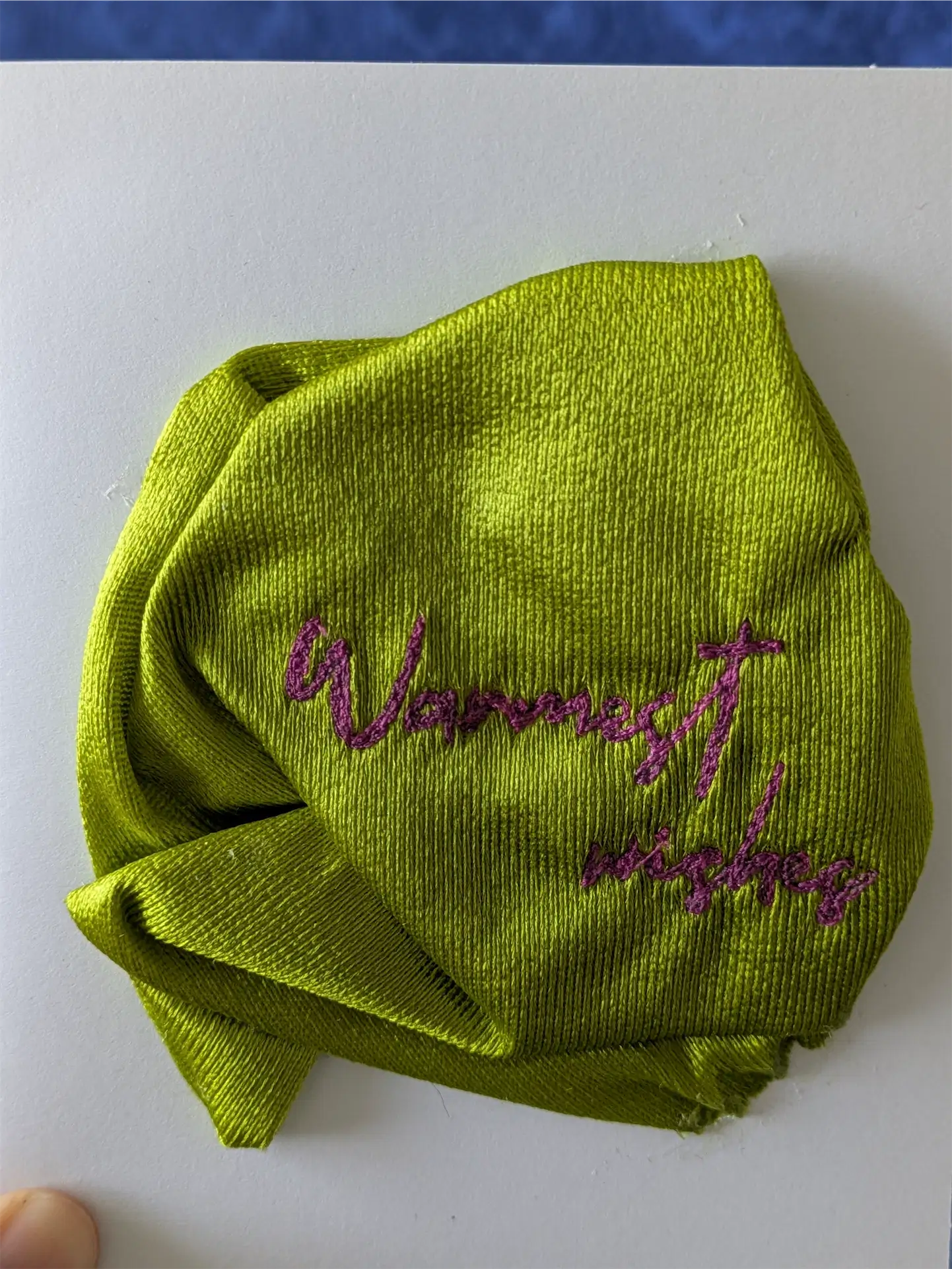 Handmade Embroidered Blank Card - Green, "Warmest Wishes"