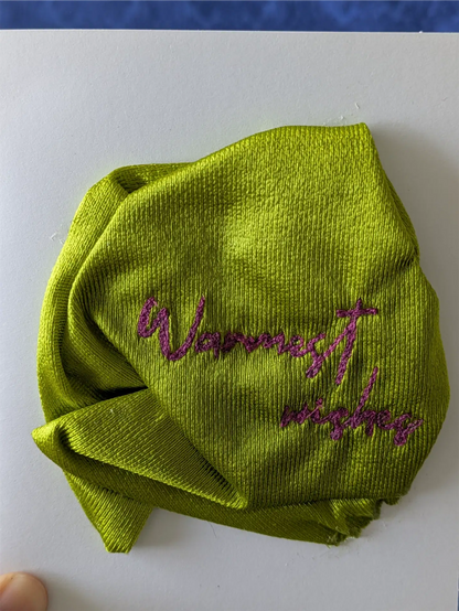 Handmade Embroidered Blank Card - Green, "Warmest Wishes"