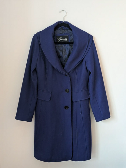 Guess Wool Blend Shawl Collar Coat - Blue (Size M)