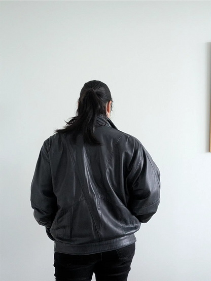 Grey-Navy Vintage Leather Bomber Jacket - The Olde Hide House (Size S)