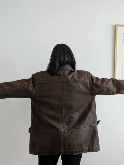 Brown Vintage Leather Coat - Olde Hide House (Women's Size L)