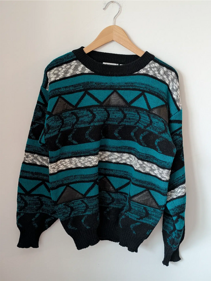 Teal / Black Unisex 1990s Sweater with Leather Trim - Gabrielle (Size M)
