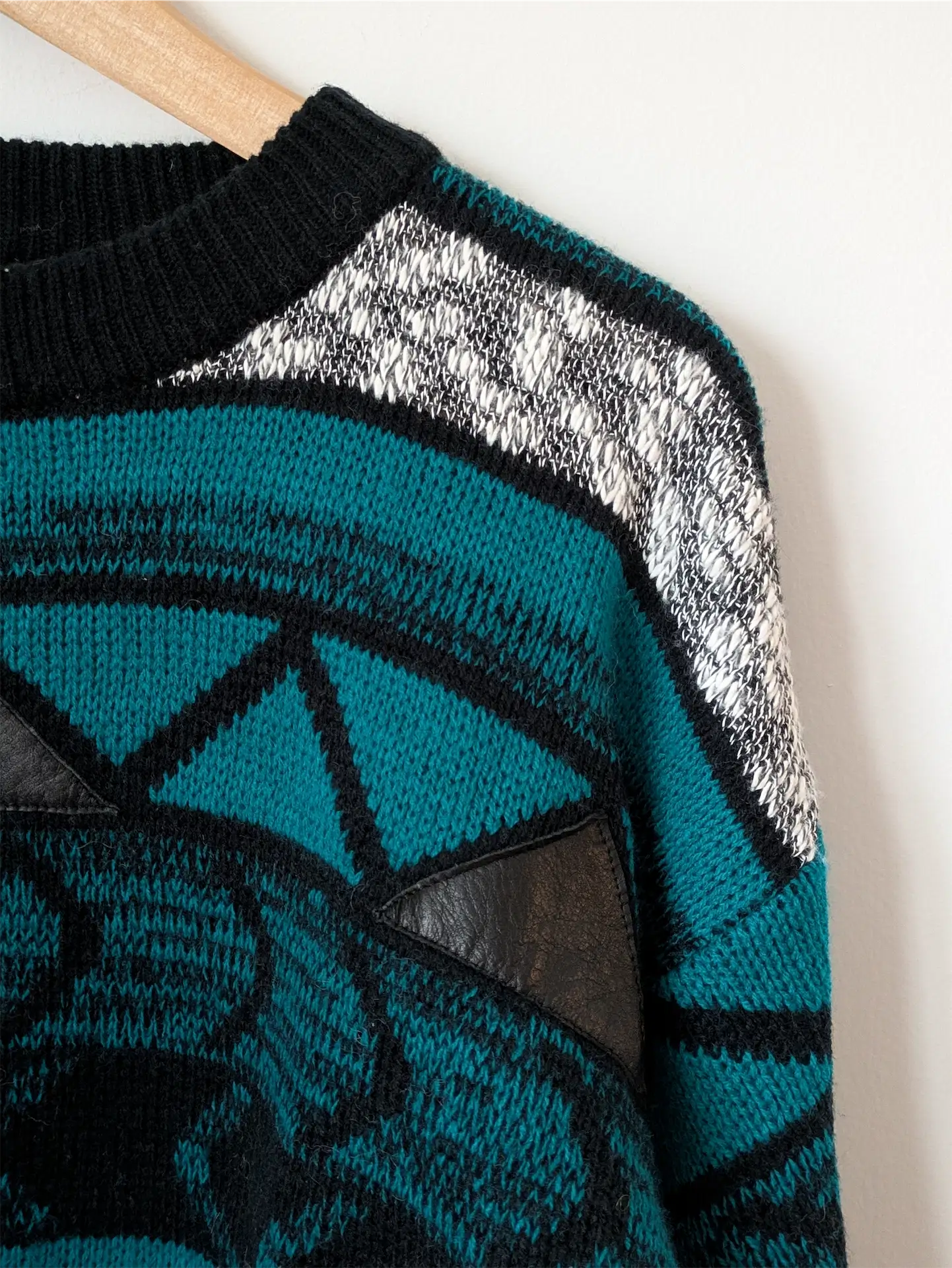 Teal / Black Unisex 1990s Sweater with Leather Trim - Gabrielle (Size M)