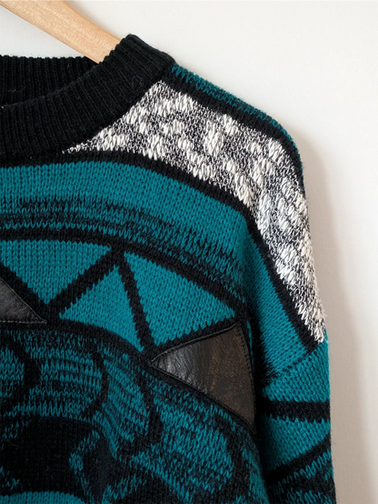 Teal / Black Unisex 1990s Sweater with Leather Trim - Gabrielle (Size M)