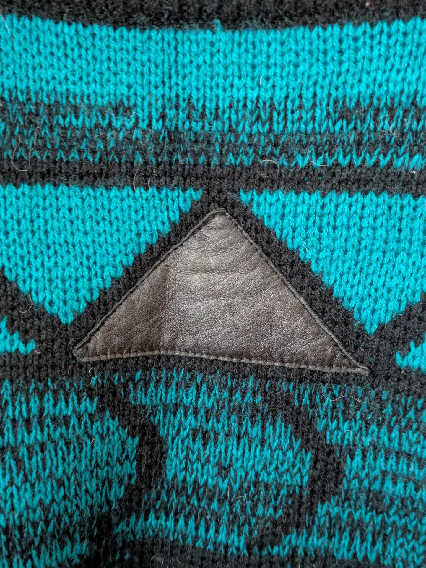 Teal / Black Unisex 1990s Sweater with Leather Trim - Gabrielle (Size M)
