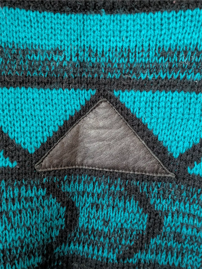 Teal / Black Unisex 1990s Sweater with Leather Trim - Gabrielle (Size M)