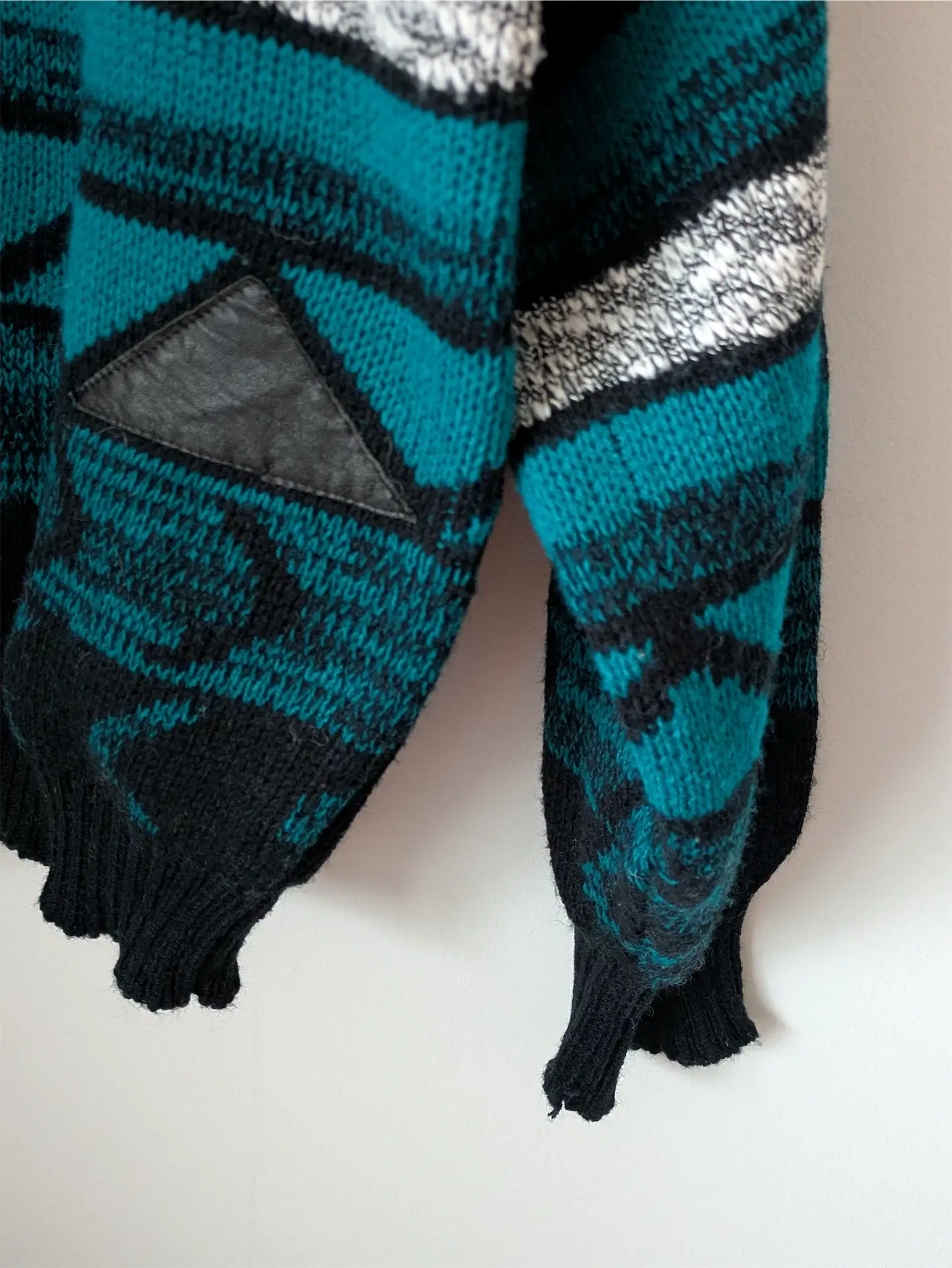 Teal / Black Unisex 1990s Sweater with Leather Trim - Gabrielle (Size M)