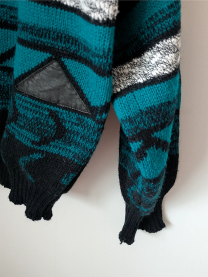 Teal / Black Unisex 1990s Sweater with Leather Trim - Gabrielle (Size M)