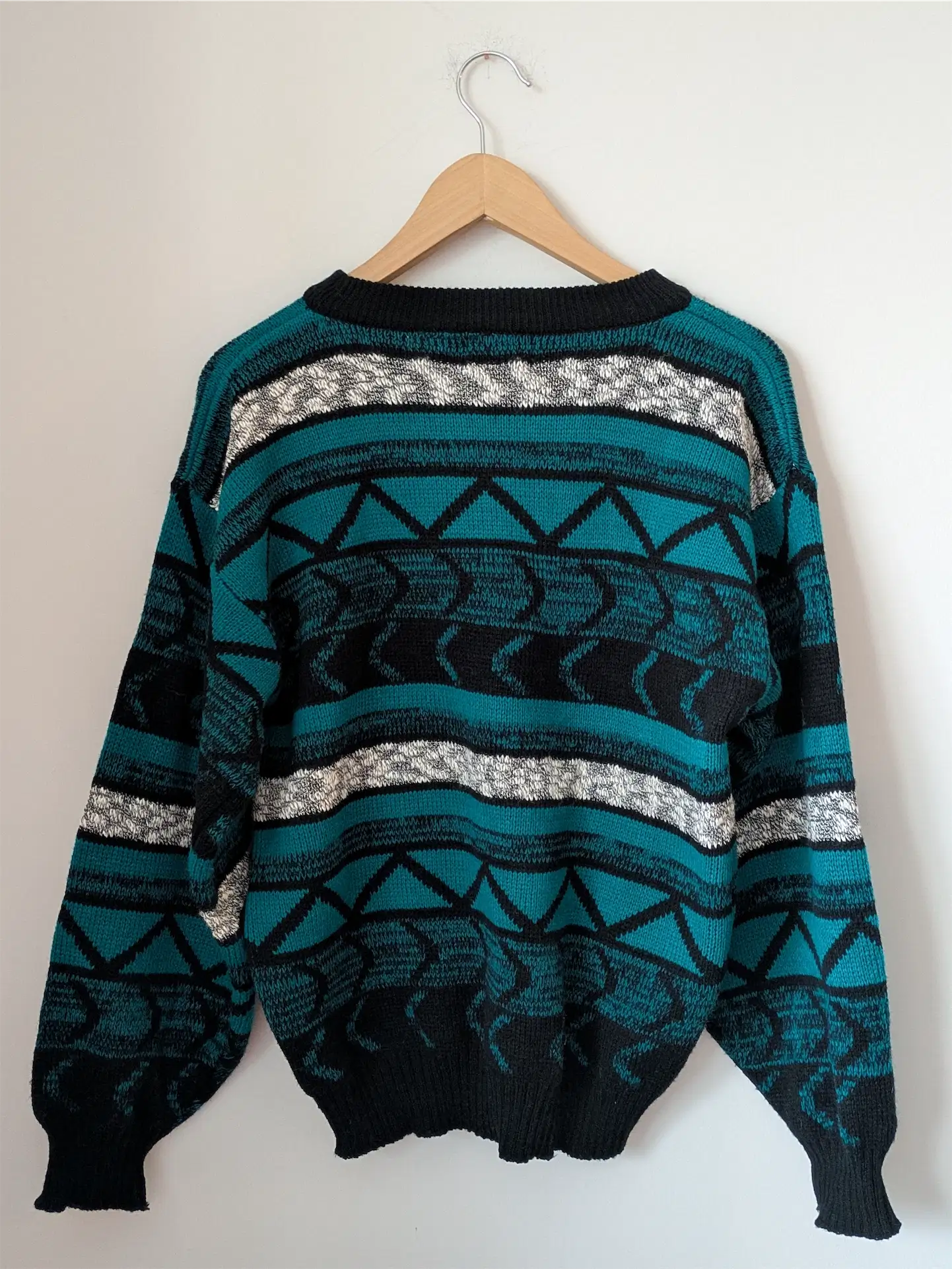 Teal / Black Unisex 1990s Sweater with Leather Trim - Gabrielle (Size M)