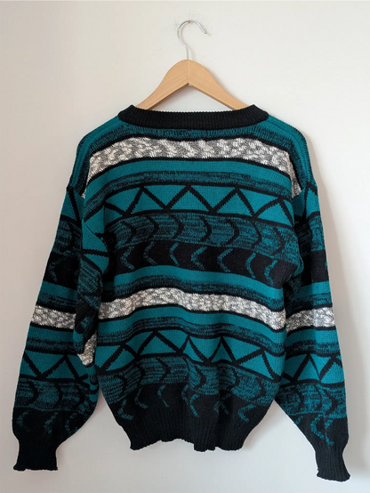 Teal / Black Unisex 1990s Sweater with Leather Trim - Gabrielle (Size M)