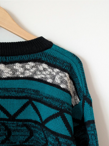 Teal / Black Unisex 1990s Sweater with Leather Trim - Gabrielle (Size M)