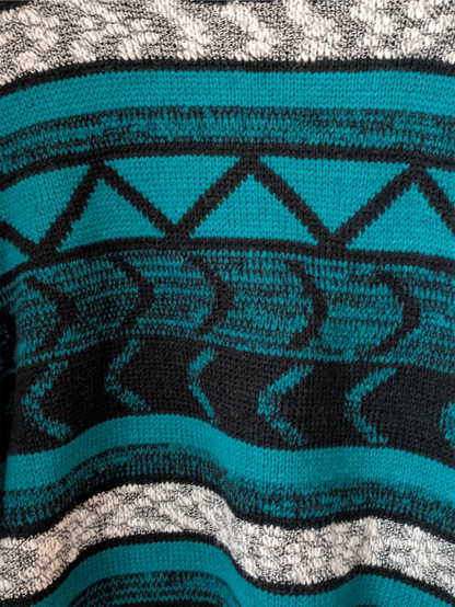 Teal / Black Unisex 1990s Sweater with Leather Trim - Gabrielle (Size M)