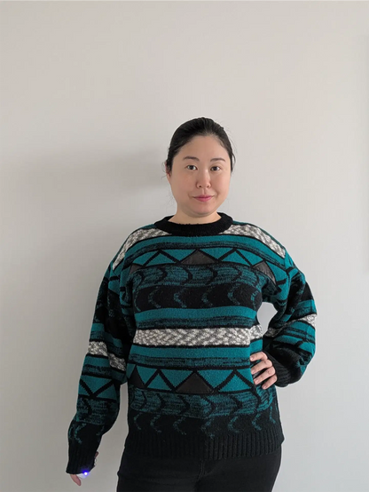 Teal / Black Unisex 1990s Sweater with Leather Trim - Gabrielle (Size M)
