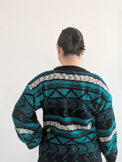 Teal / Black Unisex 1990s Sweater with Leather Trim - Gabrielle (Size M)