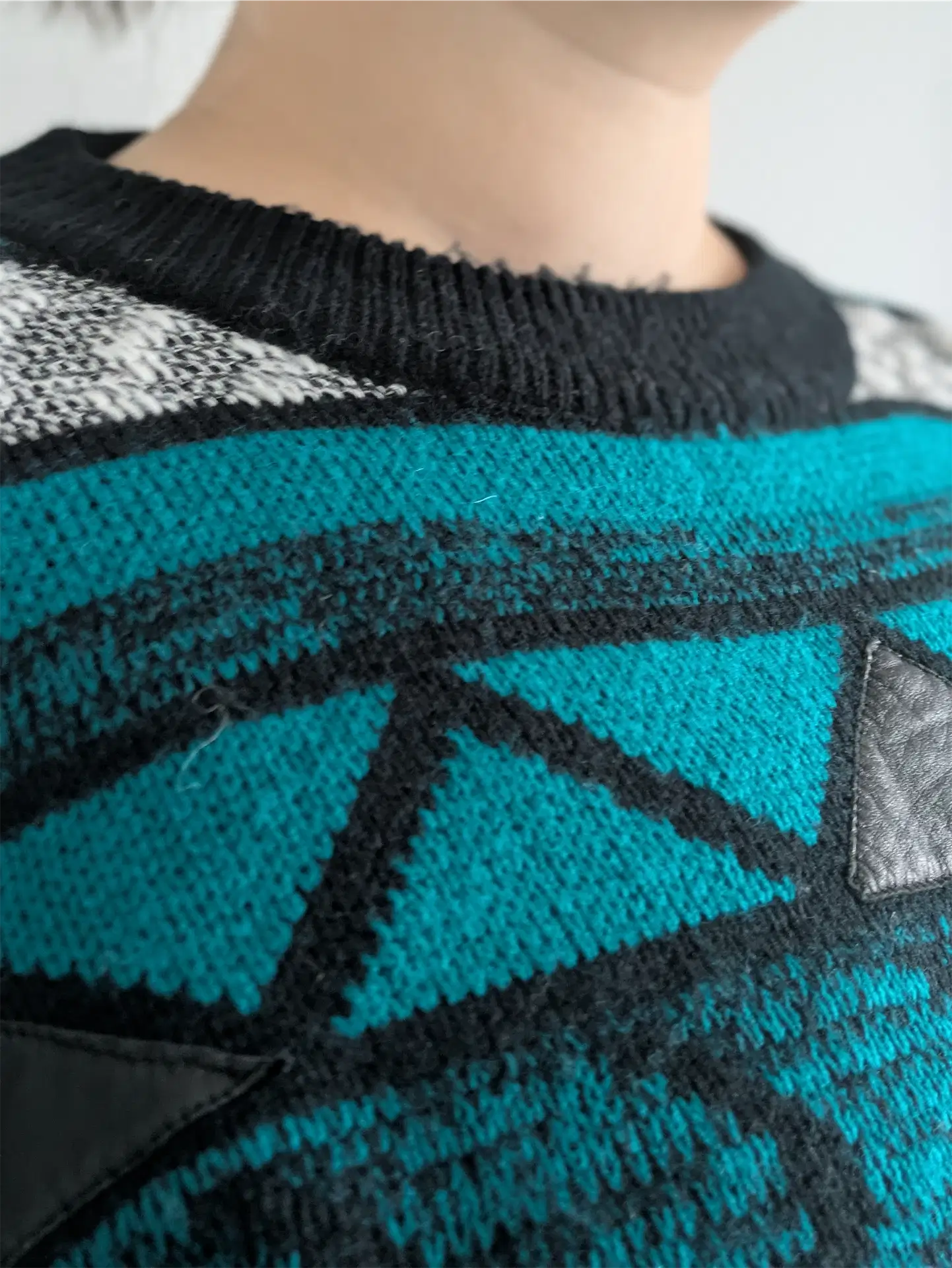 Teal / Black Unisex 1990s Sweater with Leather Trim - Gabrielle (Size M)