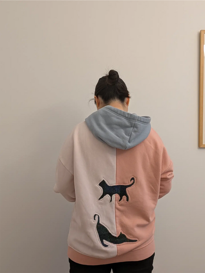 PInk and Blue Upcycled Sweatshirt - Cats (Size L)