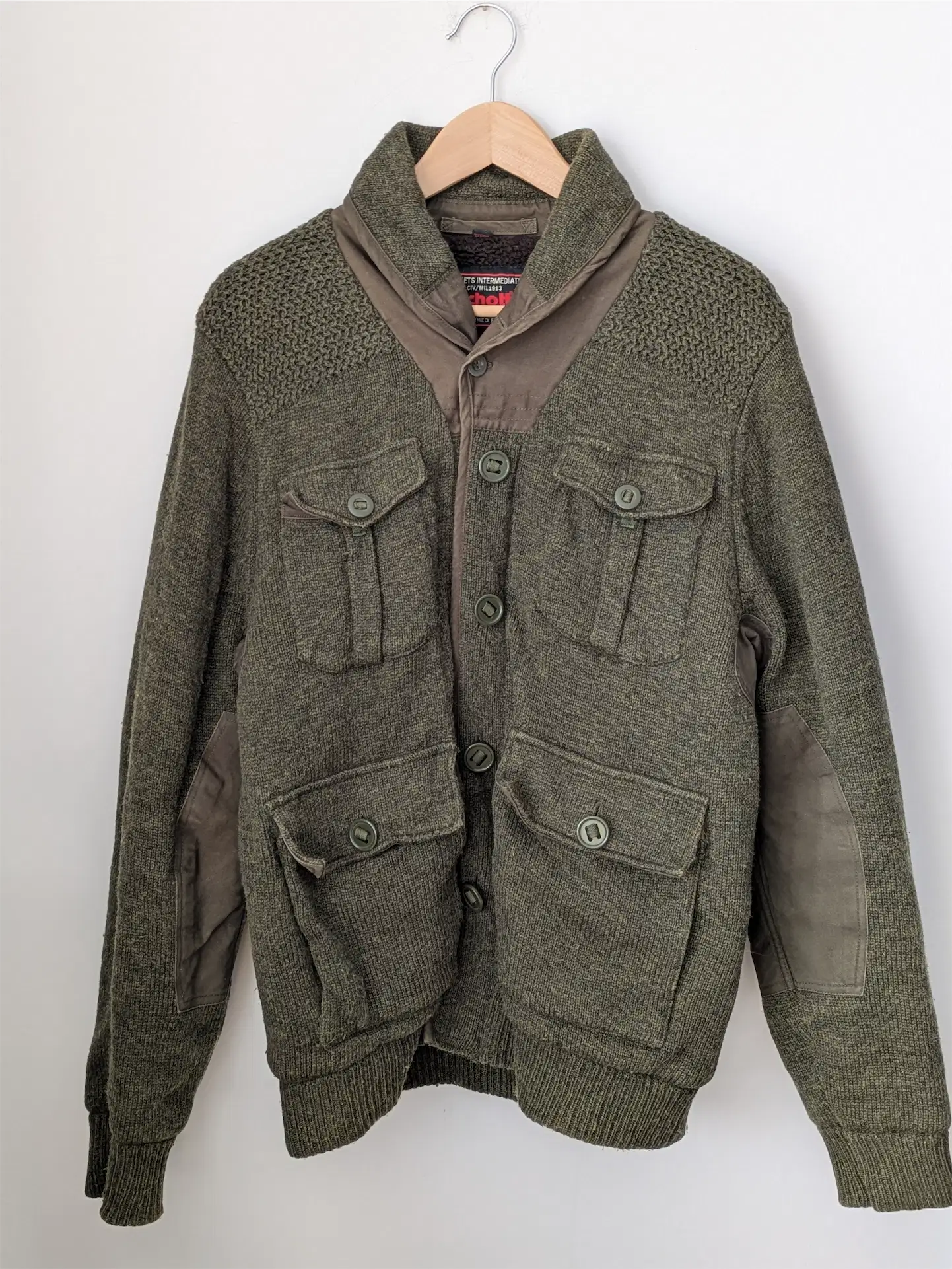 Schott NYC Moss Green Military-Style Sweater Jacket -  Size M